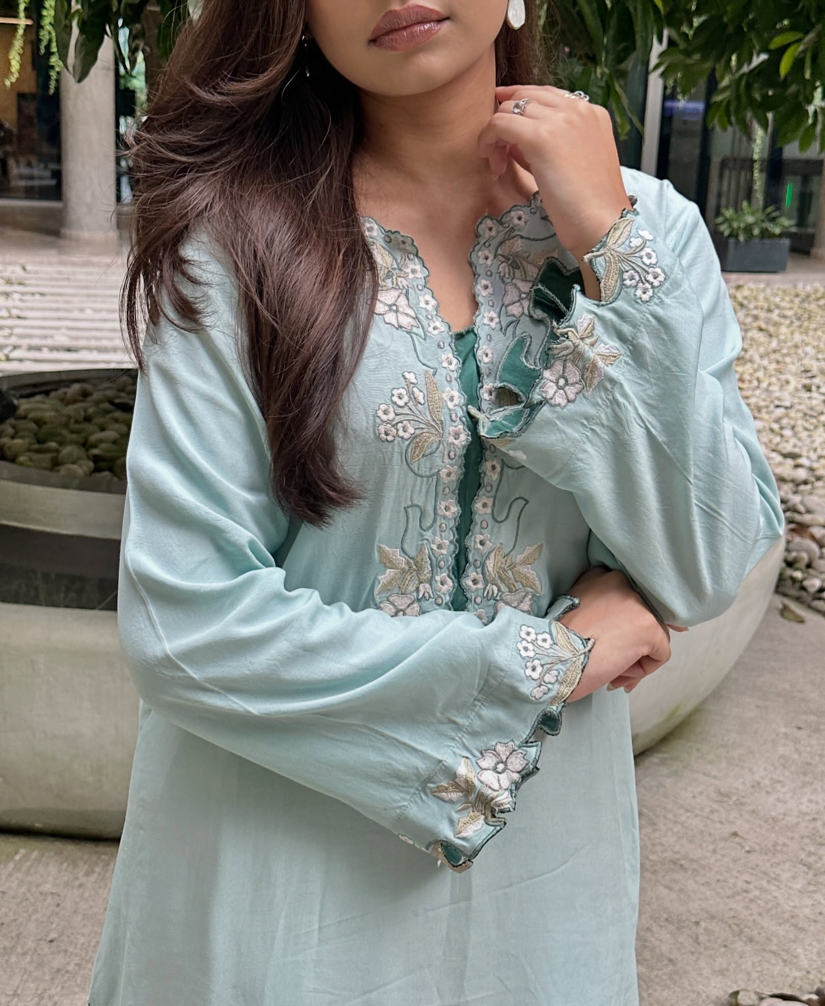 Nadiya Column Dress in ivory and mulberry on a mannequin
